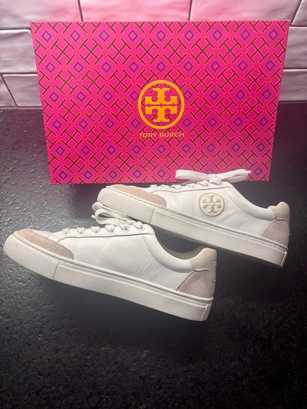 Tory Burch White Leather Bari Nappa Sneakers - Size 8